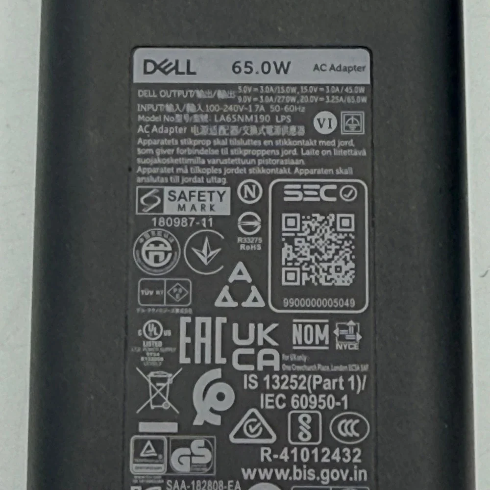 Dell 65W USB-C AC Adapter Laptop Charger LA65NM190 0723JG Black
